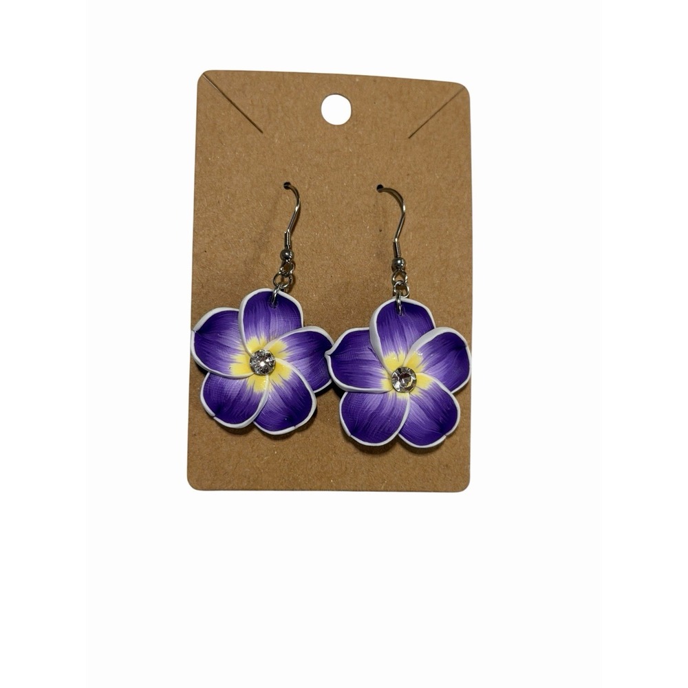 Purple Plumeria Flower Dangle Earrings Rhinestone Tropical Floral Jewelry